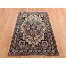 Load image into Gallery viewer, 4&#39;2&quot;x6&#39;4&quot; Tottenham Navy Blue, Antique Persian Lavar Kerman in Good Condition, Medallion Design with Even Wear, 100% Wool, Hand Knotted Oriental Rug FWR469086