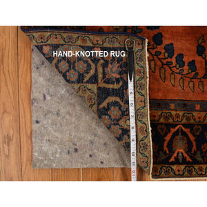 4'2"x6'4" Tottenham Navy Blue, Antique Persian Lavar Kerman in Good Condition, Medallion Design with Even Wear, 100% Wool, Hand Knotted Oriental Rug FWR469086