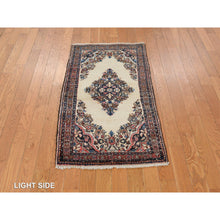 Load image into Gallery viewer, 2&#39;x4&#39; Bone White, 100% Wool, Even Wear, Hand Knotted Open Field Medallion Design, Antique Persian Sarouk Mat In Good Condition, Clean and Soft Full Pile, Oriental Rug FWR469158