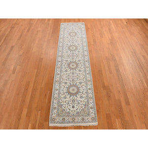 2'9"x10'2" Floral White, Hand Knotted 250 Kpsi, Nain Center Medallion Floral Design, Densely Woven, Extra Soft Wool, Runner Oriental Rug FWR469230