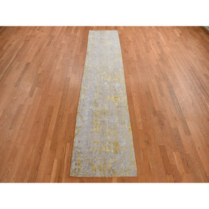 2'7"x11'9" Bone Brown and Gold, Abstract Design, Embossed Pile, Hi-Low Pile, Wool And Silk, Hand Knotted, Runner Oriental Rug FWR469260