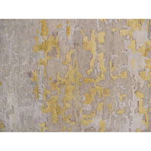 2'7"x11'9" Bone Brown and Gold, Abstract Design, Embossed Pile, Hi-Low Pile, Wool And Silk, Hand Knotted, Runner Oriental Rug FWR469260