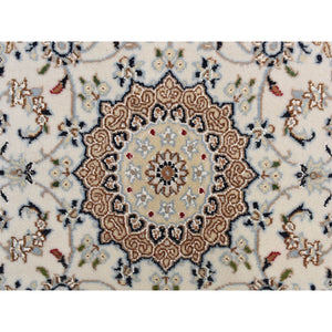 2'9"x8'6" Swan White, 250 Kpsi, Nain With Center Motif Flower Design, Wool And Silk, Hand Knotted, Runner Oriental Rug FWR469338