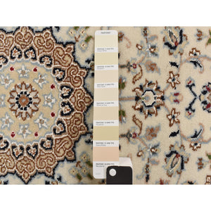 2'9"x8'6" Swan White, 250 Kpsi, Nain With Center Motif Flower Design, Wool And Silk, Hand Knotted, Runner Oriental Rug FWR469338