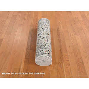 2'9"x8'6" Swan White, 250 Kpsi, Nain With Center Motif Flower Design, Wool And Silk, Hand Knotted, Runner Oriental Rug FWR469338