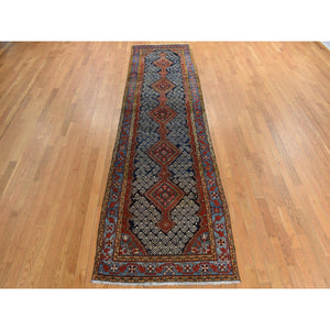 3'5"x12'6" Midnight Blue, Antique Persian Malayer in Good Condition, Full Pile, Sides and Ends Professionally Secured, Clean, 100% Wool, Hand Knotted, Runner, Oriental Rug FWR469362