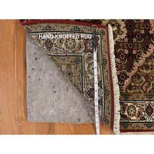 2'7"x12' Chocolate Cosmos Red, Tabriz Mahi With Fish Medallion Design, Hand Knotted, 100% Wool, Dense Weave, Runner, Oriental Rug FWR469482