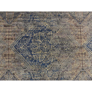 3'x5' Yale Blue, Erased Rosette Design, Distressed Silk with Textured Wool, Hand Knotted, Oriental Rug FWR469488