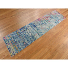 Load image into Gallery viewer, 2&#39;7&quot;x10&#39;2&quot; Cambridge Blue, The Peacock, Colorful Sari Silk, Hand Knotted, Runner, Oriental Rug FWR469494