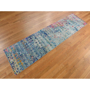 2'7"x10'2" Cambridge Blue, THE PEACOCK, Colorful Sari Silk, Hand Knotted, Runner, Oriental Rug FWR469494