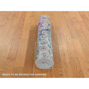 2'7"x10'2" Cambridge Blue, THE PEACOCK, Colorful Sari Silk, Hand Knotted, Runner, Oriental Rug FWR469494