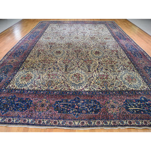 13'5"x19'8" Alabaster White, Antique Persian Kerman With Poetry And Animal Figurines, Birds And Tigers, Hand Knotted, Pure Wool, Oversized Oriental Rug FWR469590