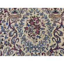 Load image into Gallery viewer, 13&#39;5&quot;x19&#39;8&quot; Alabaster White, Antique Persian Kerman With Poetry And Animal Figurines, Birds And Tigers, Hand Knotted, Pure Wool, Oversized Oriental Rug FWR469590