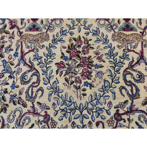 13'5"x19'8" Alabaster White, Antique Persian Kerman With Poetry And Animal Figurines, Birds And Tigers, Hand Knotted, Pure Wool, Oversized Oriental Rug FWR469590