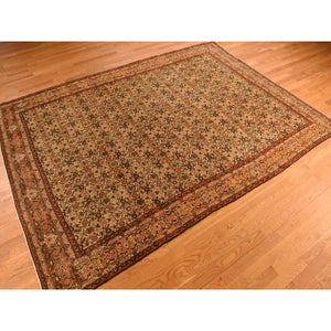 8'3"x11'5" Biscotti Brown, Antique Persian With Fish Tabriz All Over Herat Design, Pure Wool, Hand Knotted, Oriental Rug FWR469596