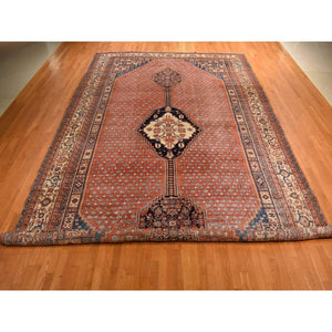12'6"x19'6" Dark Coral, Antique Persian Bakshaish With Geometric Anchored Medallion Design, Even Wear, Clean, Good Condition, Sides And Ends Secured, 100% Wool, Hand Knotted, Xl Long And Narrow, Oriental Rug FWR469656