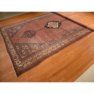 12'6"x19'6" Dark Coral, Antique Persian Bakshaish With Geometric Anchored Medallion Design, Even Wear, Clean, Good Condition, Sides And Ends Secured, 100% Wool, Hand Knotted, Xl Long And Narrow, Oriental Rug FWR469656