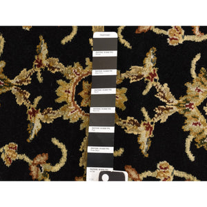 4'2"x4'2" Ink Black, Rajasthan, Floral Pattern, Hand Knotted, Half Wool and Half Silk, Round, Oriental Rug FWR469686