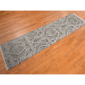 3'x11'10" Mist Gray, Tulip Flower Design, Pure Silk with Textured Wool, Hand Knotted, Runner, Oriental Rug FWR469692