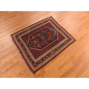 4'1"x5' Midnight Blue With Crimson Red, Antique Persian Afshar, Clean, Even Wear, Wool Weft, Intricate Repetitive Design, Multiple Borders, 100% Wool, Hand Knotted, Oriental, Squarish Rug FWR469698