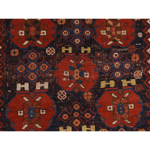 4'1"x5' Midnight Blue With Crimson Red, Antique Persian Afshar, Clean, Even Wear, Wool Weft, Intricate Repetitive Design, Multiple Borders, 100% Wool, Hand Knotted, Oriental, Squarish Rug FWR469698