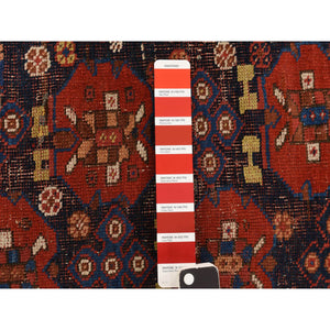 4'1"x5' Midnight Blue With Crimson Red, Antique Persian Afshar, Clean, Even Wear, Wool Weft, Intricate Repetitive Design, Multiple Borders, 100% Wool, Hand Knotted, Oriental, Squarish Rug FWR469698