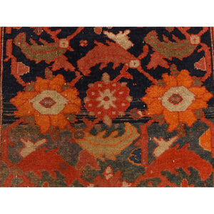 4'x6'2" Midnight Blue with Burnt Orange, Antique North West Persian, Clean, Even Wear, Distinct Abrash, Multiple Borders, Serated Leaf and Large Scale Tribal Flower Design, 100% Wool, Hand Knotted, Oriental Rug FWR469704