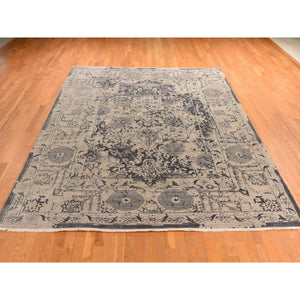 9'1"x12' Tan Color, Broken And Erased Persian Design, Wool And Silk, Transitional, Hand Knotted, Oriental Rug FWR469728