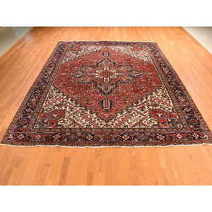 11'x13' Crimson Red, Semi Antique, Persian Heriz, Full Pile, Clean, Soft And In Very Good Condition, 100% Wool, Hand Knotted, Squarish, Oriental Rug FWR469740