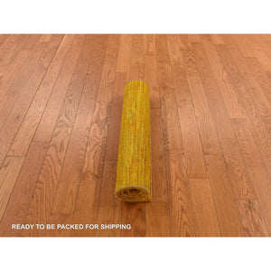 2'x3'1" Gold Color, Plain Solid Design, Strike Off, Sample, Pure Sari Silk, Hand Knotted, Mat, Oriental Rug FWR469800