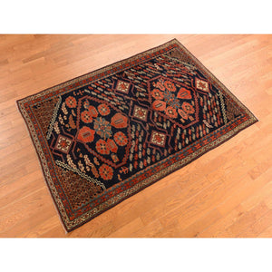 4'6"x6'7" Midnight Blue with a Mix of Red, Antique North West Persian with Double Medallion Design, Geometric Design, Clean and in Excellent Condition, 100% Wool, Hand Knotted, Oriental Rug FWR469812