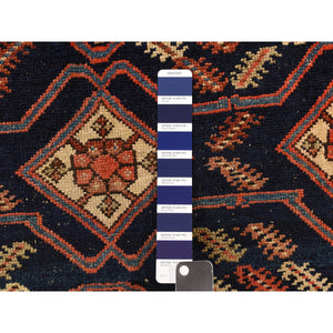 4'6"x6'7" Midnight Blue with a Mix of Red, Antique North West Persian with Double Medallion Design, Geometric Design, Clean and in Excellent Condition, 100% Wool, Hand Knotted, Oriental Rug FWR469812