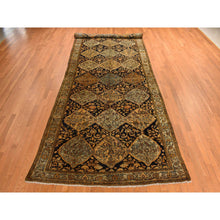 Load image into Gallery viewer, 6&#39;8&quot;x19&#39;3&quot; Midnight Blue with Yellow, Antique Persian Bakhtiari in an Excellent Condition, Diamond Shape Garden Medallion Design, Hand Knotted, Pure Wool, Gallery Size Wide Runner, Oriental Rug FWR469932