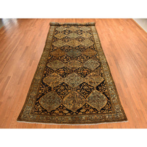 6'8"x19'3" Midnight Blue with Yellow, Antique Persian Bakhtiari in an Excellent Condition, Diamond Shape Garden Medallion Design, Hand Knotted, Pure Wool, Gallery Size Wide Runner, Oriental Rug FWR469932
