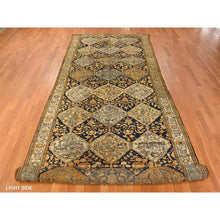 Load image into Gallery viewer, 6&#39;8&quot;x19&#39;3&quot; Midnight Blue with Yellow, Antique Persian Bakhtiari in an Excellent Condition, Diamond Shape Garden Medallion Design, Hand Knotted, Pure Wool, Gallery Size Wide Runner, Oriental Rug FWR469932