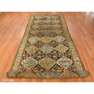 6'8"x19'3" Midnight Blue with Yellow, Antique Persian Bakhtiari in an Excellent Condition, Diamond Shape Garden Medallion Design, Hand Knotted, Pure Wool, Gallery Size Wide Runner, Oriental Rug FWR469932