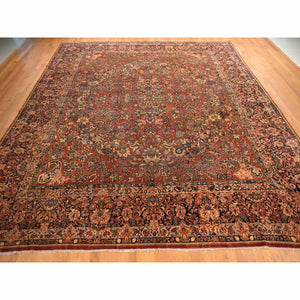 13'8"x15'10" Cinnamon Red, Antique Persian Sarouk, XL Squarish Size, Clean, Excellent Condition, Light and Dark Side Highlights, Soft with Sides and Ends Secured, 100% Wool, Hand Knotted Oriental Rug FWR469956