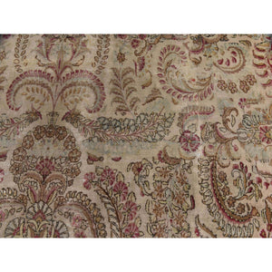 11'7"x19'3" Bone White, Antique Persian Kerman, Clean, Some Wear, Sides And Ends Secured, 100% Wool, Hand Knotted, Oversized, Oriental Rug FWR469974