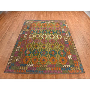 8'2"x9'6" Peanut Brown, Afghan Kilim With Colorful All Over Geometric Pattern, Pure Wool, Vegetable Dyes, Flat Weave, Hand Woven, Reversible, Oriental Rug FWR470058