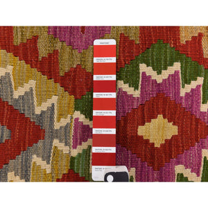 8'6"x11' Salsa Red, Organic Wool, Afghan Kilim With All Over Colorful Geometric Pattern, Natural Dyes, Flat Weave, Hand Woven, Reversible, Oriental Rug FWR470064
