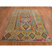Load image into Gallery viewer, 8&#39;3&quot;x11&#39;2&quot; Olive Green, Afghan Kilim With All Over Colorful Geometric Pattern, Pure Wool, Vegetable Dyes, Flat Weave, Hand Woven, Reversible, Oriental Rug FWR470070