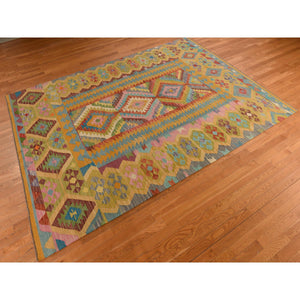 8'3"x11'2" Olive Green, Afghan Kilim With All Over Colorful Geometric Pattern, Pure Wool, Vegetable Dyes, Flat Weave, Hand Woven, Reversible, Oriental Rug FWR470070