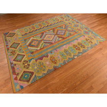 Load image into Gallery viewer, 8&#39;3&quot;x11&#39;2&quot; Olive Green, Afghan Kilim With All Over Colorful Geometric Pattern, Pure Wool, Vegetable Dyes, Flat Weave, Hand Woven, Reversible, Oriental Rug FWR470070