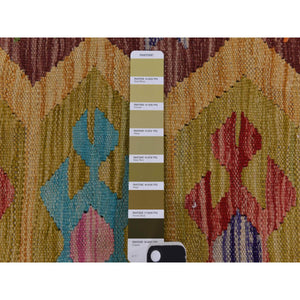 8'3"x11'2" Olive Green, Afghan Kilim With All Over Colorful Geometric Pattern, Pure Wool, Vegetable Dyes, Flat Weave, Hand Woven, Reversible, Oriental Rug FWR470070