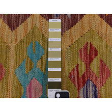 Load image into Gallery viewer, 8&#39;3&quot;x11&#39;2&quot; Olive Green, Afghan Kilim With All Over Colorful Geometric Pattern, Pure Wool, Vegetable Dyes, Flat Weave, Hand Woven, Reversible, Oriental Rug FWR470070