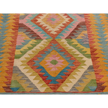 Load image into Gallery viewer, 8&#39;3&quot;x11&#39;2&quot; Olive Green, Afghan Kilim With All Over Colorful Geometric Pattern, Pure Wool, Vegetable Dyes, Flat Weave, Hand Woven, Reversible, Oriental Rug FWR470070