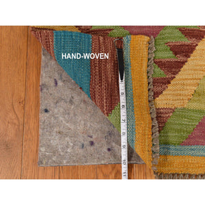 8'3"x11'2" Olive Green, Afghan Kilim With All Over Colorful Geometric Pattern, Pure Wool, Vegetable Dyes, Flat Weave, Hand Woven, Reversible, Oriental Rug FWR470070