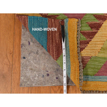 Load image into Gallery viewer, 8&#39;3&quot;x11&#39;2&quot; Olive Green, Afghan Kilim With All Over Colorful Geometric Pattern, Pure Wool, Vegetable Dyes, Flat Weave, Hand Woven, Reversible, Oriental Rug FWR470070