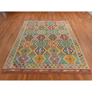 8'4"x10'10" Bone White, Afghan Kilim With All Over Colorful Geometric Pattern, 100% Wool, Natural Dyes, Flat Weave, Hand Woven, Reversible, Oriental Rug FWR470076