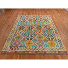 Load image into Gallery viewer, 8&#39;4&quot;x10&#39;10&quot; Bone White, Afghan Kilim With All Over Colorful Geometric Pattern, 100% Wool, Natural Dyes, Flat Weave, Hand Woven, Reversible, Oriental Rug FWR470076